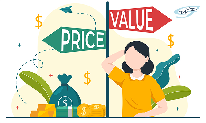  illustration of a lady choosing between price and value