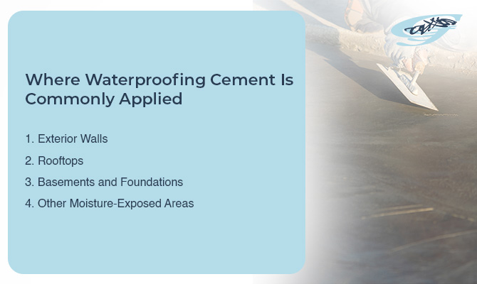 A graphic showing where waterproofing cement is applied.